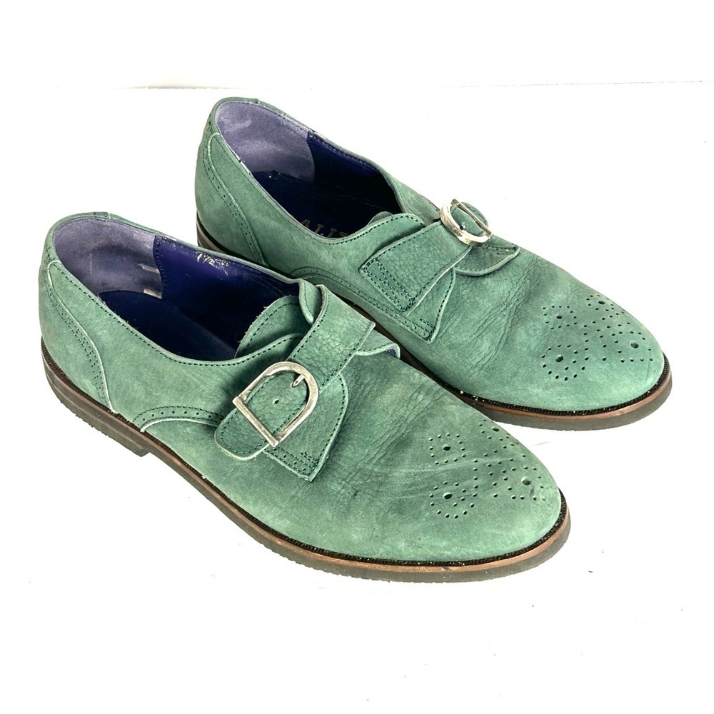 Vtg Bally Green Suede Size 7.5 M Shoes Silver-toned Buckle Perforated Detail